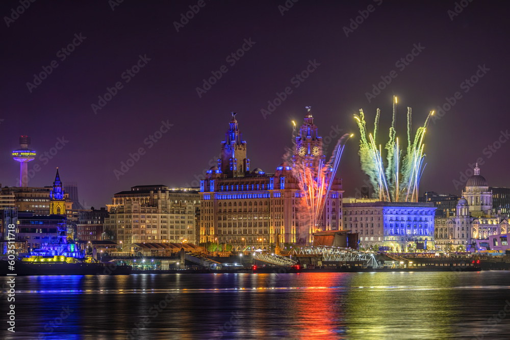 Obraz premium Fireworks at Liverpool waterfront for Eurovision 2023