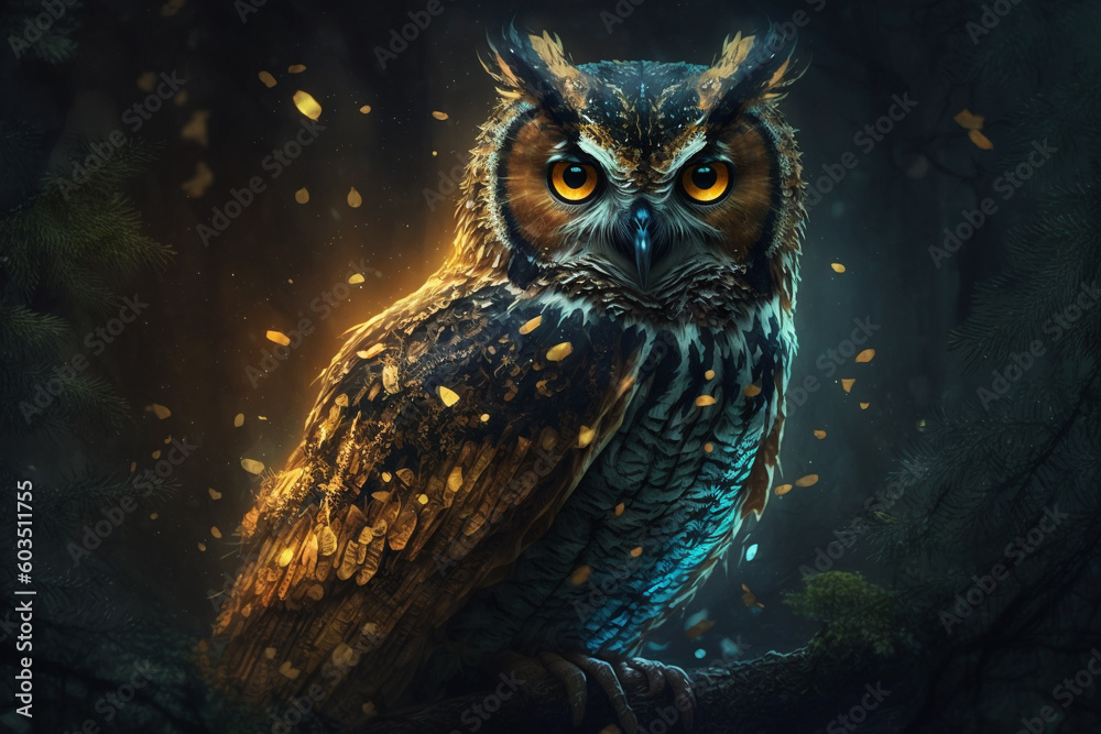 Majestic owl in the forest close up macro. Ai generated Majestic owl in the forest close up macro. Ai generated