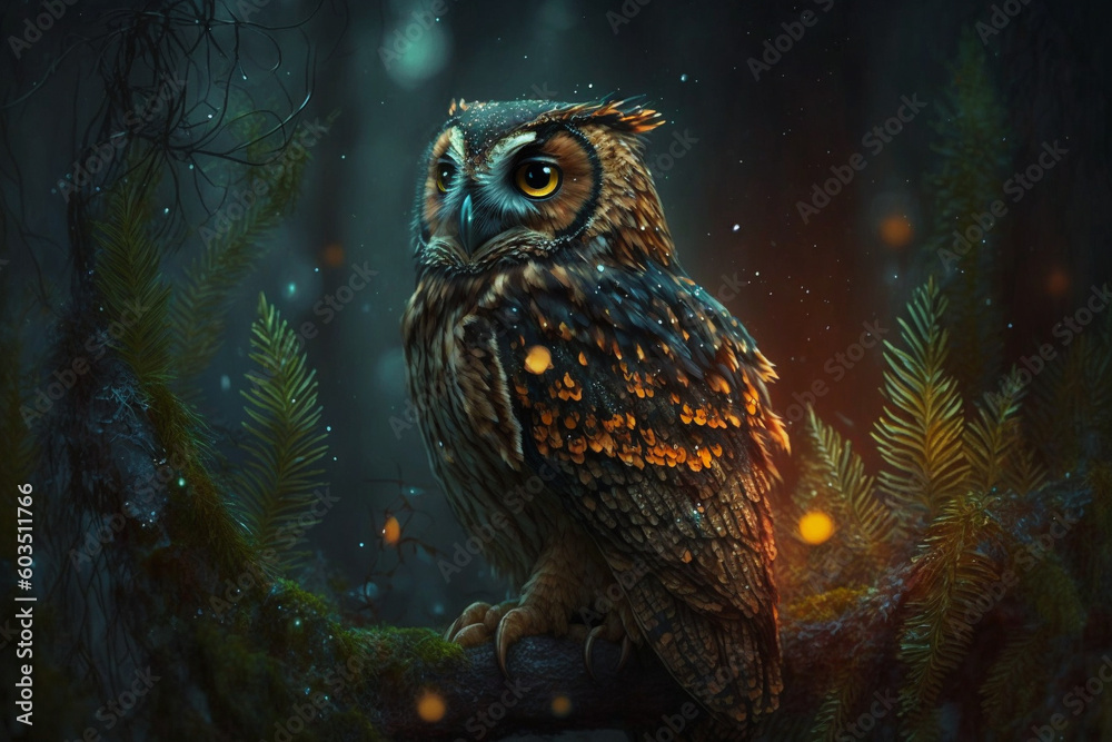 Majestic owl in the forest close up macro. Ai generated