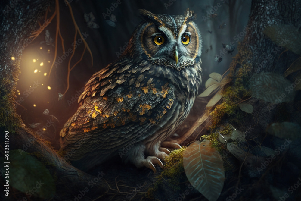 Majestic owl in the forest close up macro. Ai generated Majestic owl in the forest close up macro. Ai generated