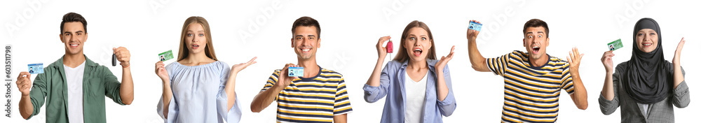 Set of happy people with driving licenses on white background