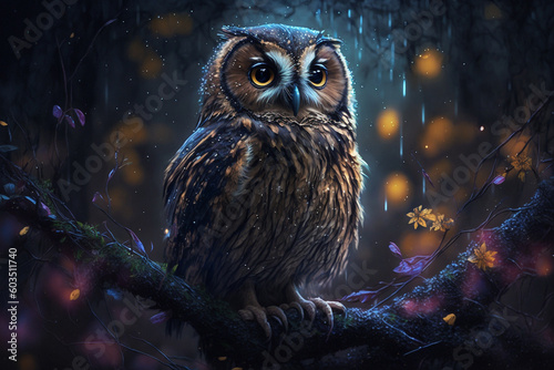 Majestic owl in the forest close up macro. Ai generated © dragomirescu