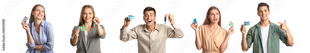 Set of happy people with driving licenses on white background Set of happy people with driving licenses on white background