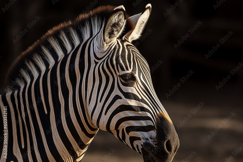 Naklejka premium Beautiful zebra with lines in the savannah close up photography. Ai generated