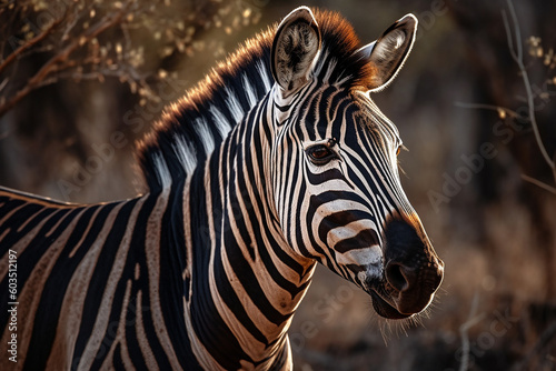 Beautiful zebra with lines in the savannah close up photography. Ai generated