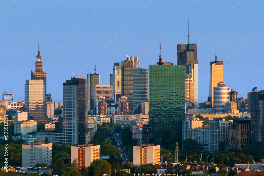Fototapeta premium Aerial view of Warsaw city center during sunset