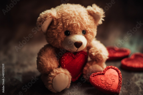 Teddy bear toy with love heart. Ai generated © dragomirescu