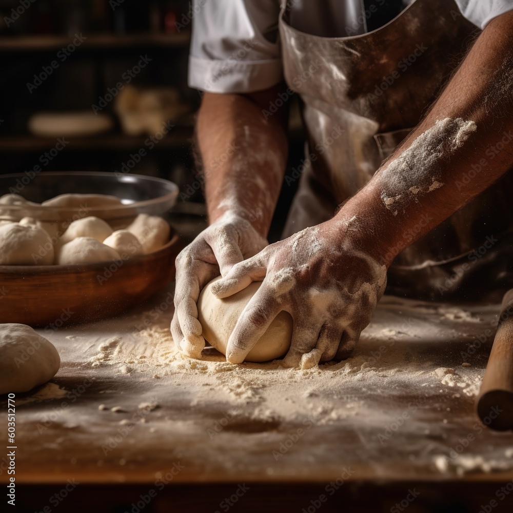World Bread Day. Unrecognizable young man kneading dough on wooden table. Males hands making bread on dark background. Selective focus. Generative AI