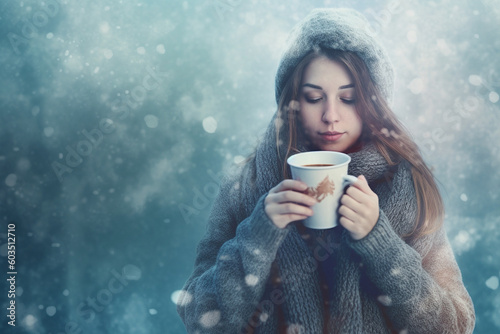 young woman standing in a winter, holding a hot drink generative AI tools