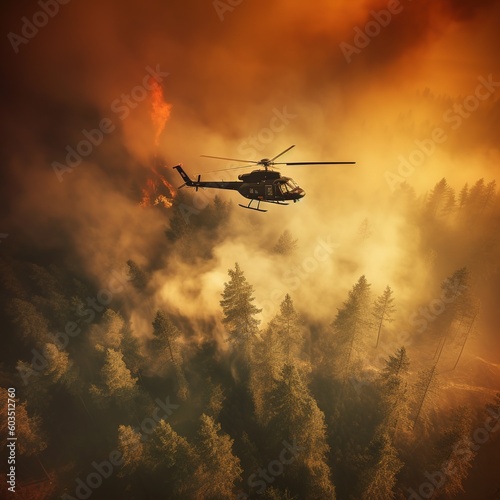 A helicopter dropping water on a wildfire in rugged terrain, backlit by a setting sun filtered through multiple layers of smoke. Generative AI