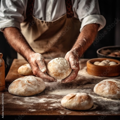 World Bread Day. Unrecognizable young man kneading dough on wooden table. Males hands making bread on dark background. Selective focus. Generative AI