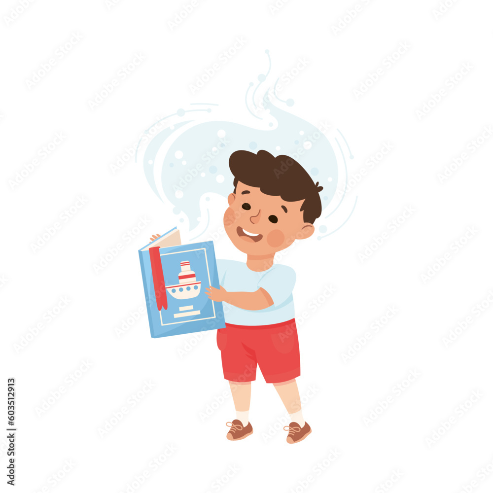 Cute Boy Standing Reading Open Book and Dreaming Vector Illustration Cute Boy Standing Reading Open Book and Dreaming Vector Illustration