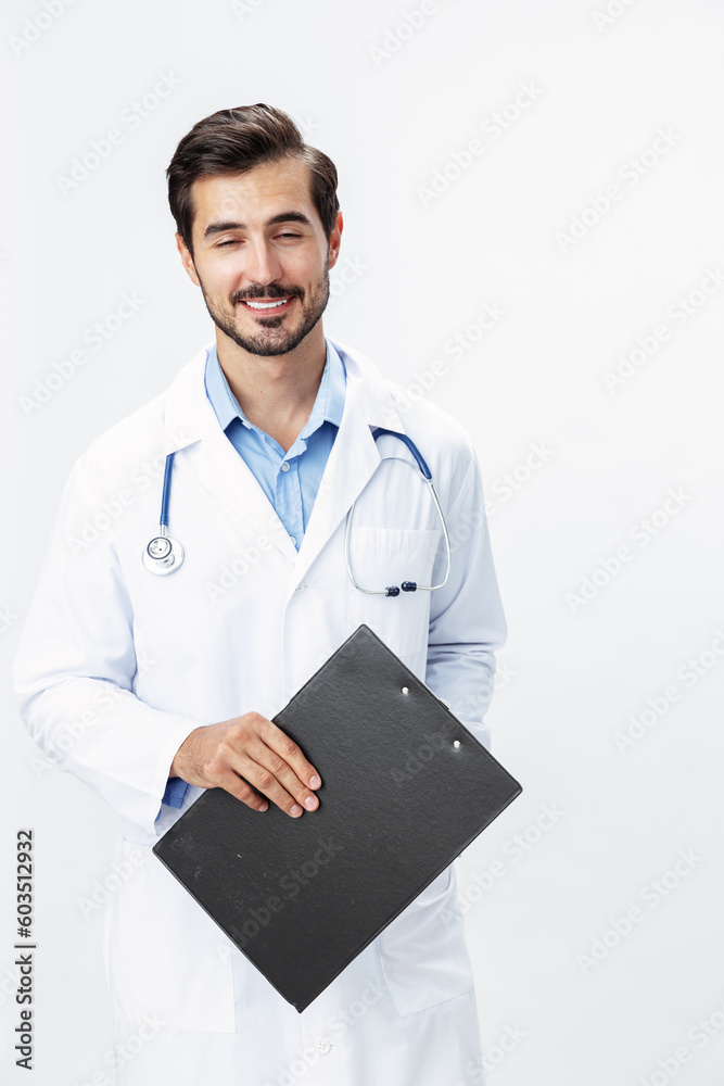 Man doctor in white coat with stethoscope and folder for notes and patient records smile and good test results look into camera on white isolated background, copy space, space for text, health