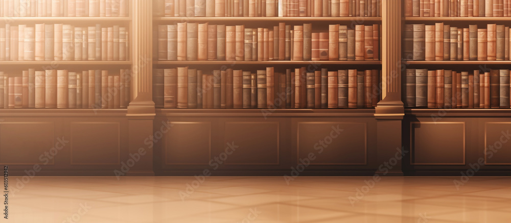 Banner Concept Back To School. Education. Background of books standing on shelves Generative AI