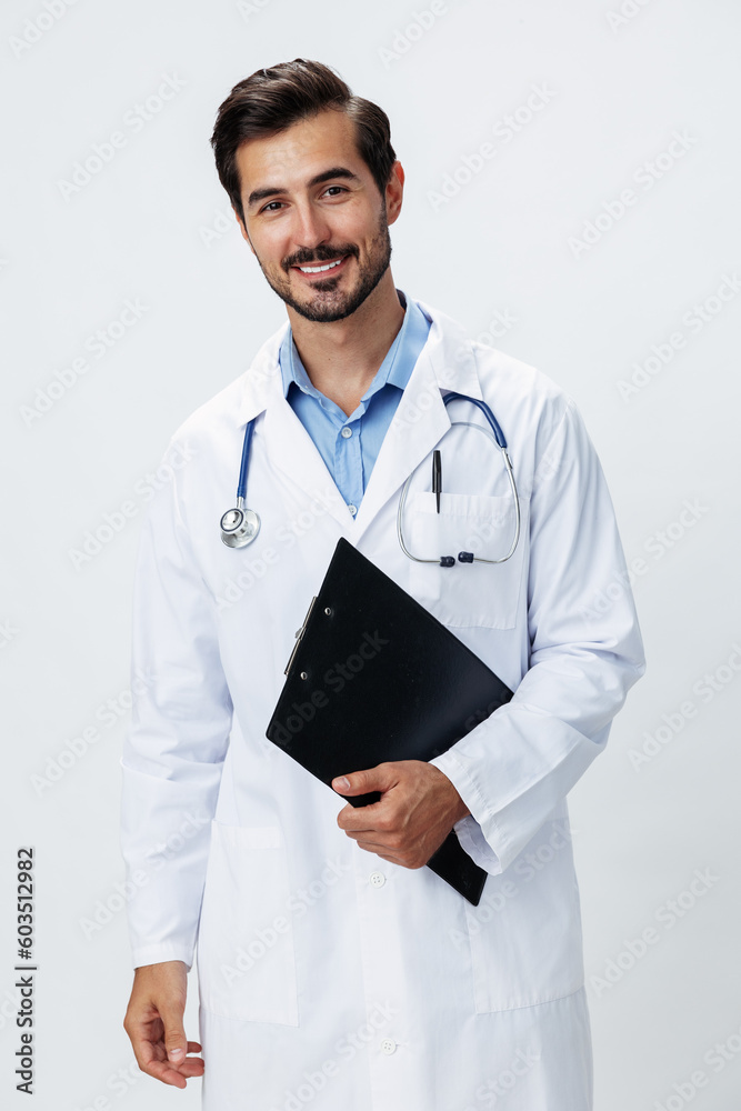 Man doctor in white coat with stethoscope and folder for notes and patient records smile and good test results look into camera on white isolated background, copy space, space for text, health Man doctor in white coat with stethoscope and folder for notes and patient records smile and good test results look into camera on white isolated background, copy space, space for text, health