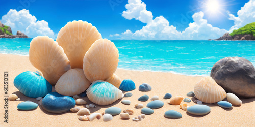 Ocean beach on a sunny day with big and small shells and sea pebbles. Seascape illustration with sand beach, waves, turquoise water and sky with white clouds. Generative AI