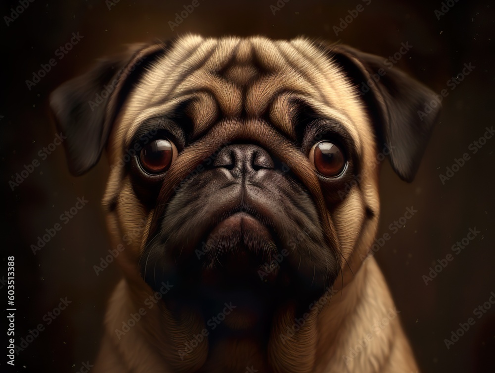 Portrait of pug dog. Close-up. Generative Ai technology.