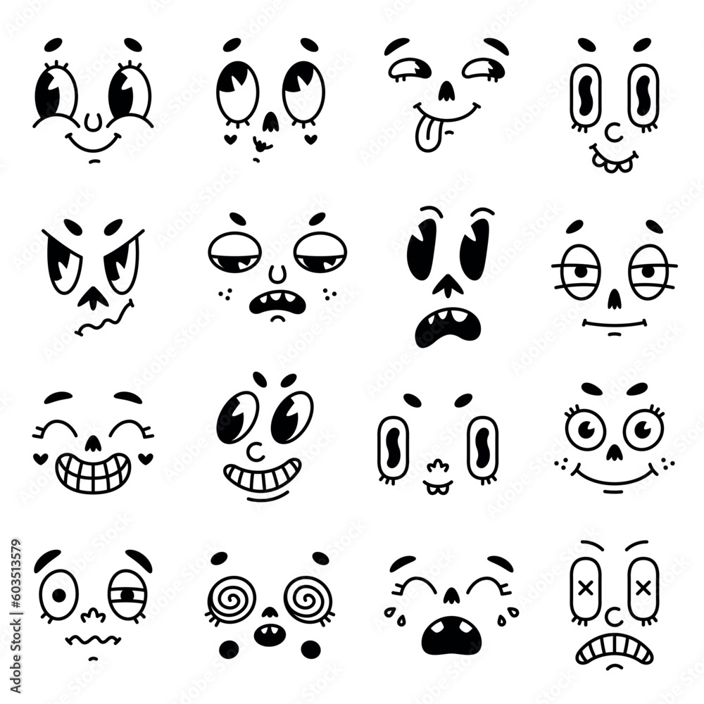 Retro Cartoon Mascot Faces with Eyes and Mouth Elements Vector Set
