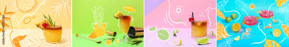 Collage of cold summer cocktails on color background - obrazy, fototapety, plakaty 