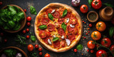 Pizza with salami, mozzarella and tomatoes on a dark background. AI generated. Generative AI
