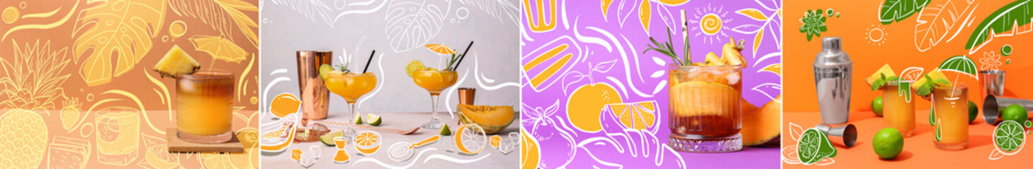 Collage of cold summer cocktails on color background