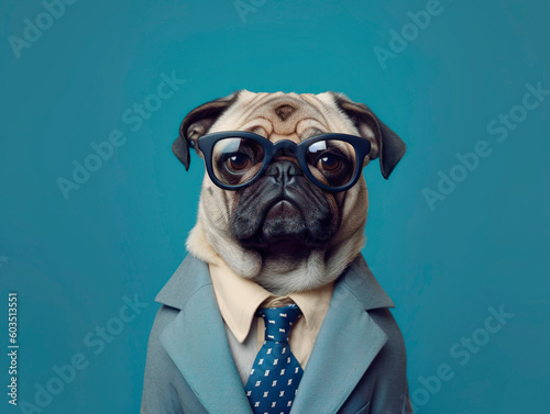 Adorable pug dog boss businessman wearing glasses tie and suit. Blue background. Generative Ai technology.