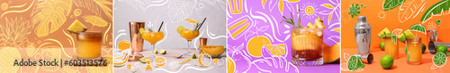 Photography Collage of cold summer cocktails on color background