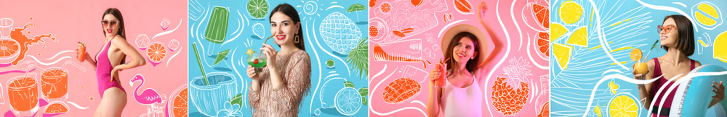 Collage of beautiful women with cold summer cocktails on color background