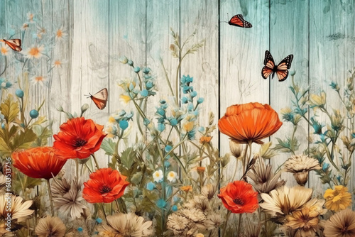 Wild flowers on wooden background with butterflies