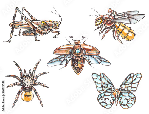 Set of steampunk insects isolated on white background. Watercolor hand drawn illustration of mechanical beetles. Spider, bee, fly, dragonfly, butterfly, grasshopper, scarab.