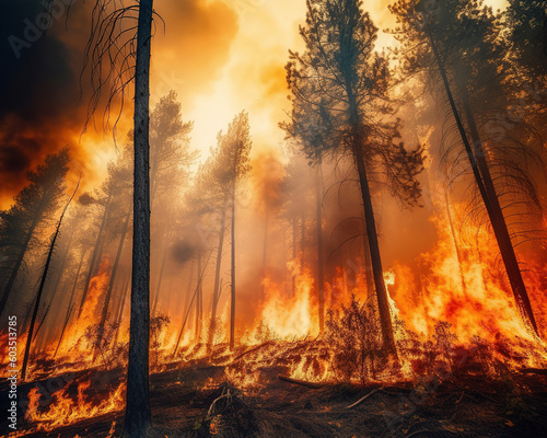 large-scale forest fire, burning trees and grass, ecological disaster. Generative AI © Iryna