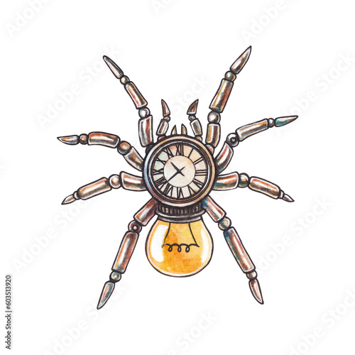 Steampunk robot spider isolated on white background. mechanical insect. Watercolor hand drawn illustration for clipart.