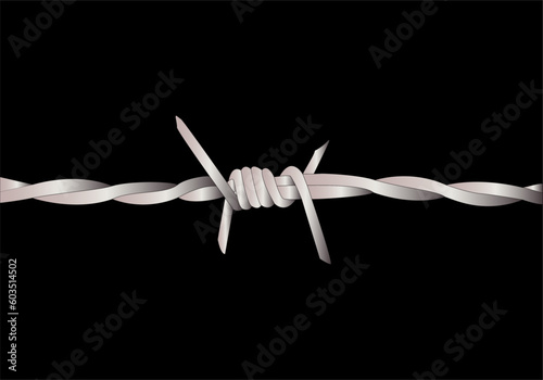 Alambrada con espinos metalizada sobre fondo negro. Refugiados, prisioneros. Campo de concentración. Campo de refugiados