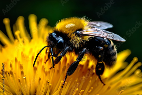 closeup view of a bumblebee on a yellow flower, Generative AI © maximos