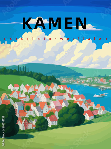 Kamen: Retro tourism poster with an German landscape and the headline Kamen in Nordrhein-Westfalen