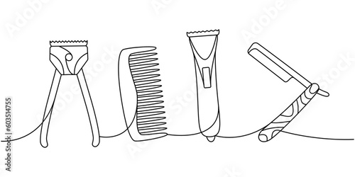 Hairdresser tools one line continuous drawing. Old and electric clipper, hair comb, sharp razor blade continuous one line illustration.