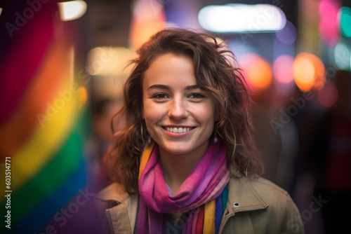 Portrait shot, curly dark hair woman smiling with Bi Pride flag © Jakub