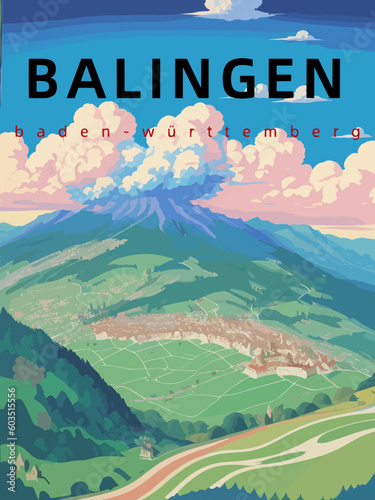 Balingen: Retro tourism poster with an German landscape and the headline Balingen in Baden-Württemberg photo