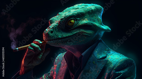 Green Skin Lizard in a Business Suit. Black Background. Generative AI
