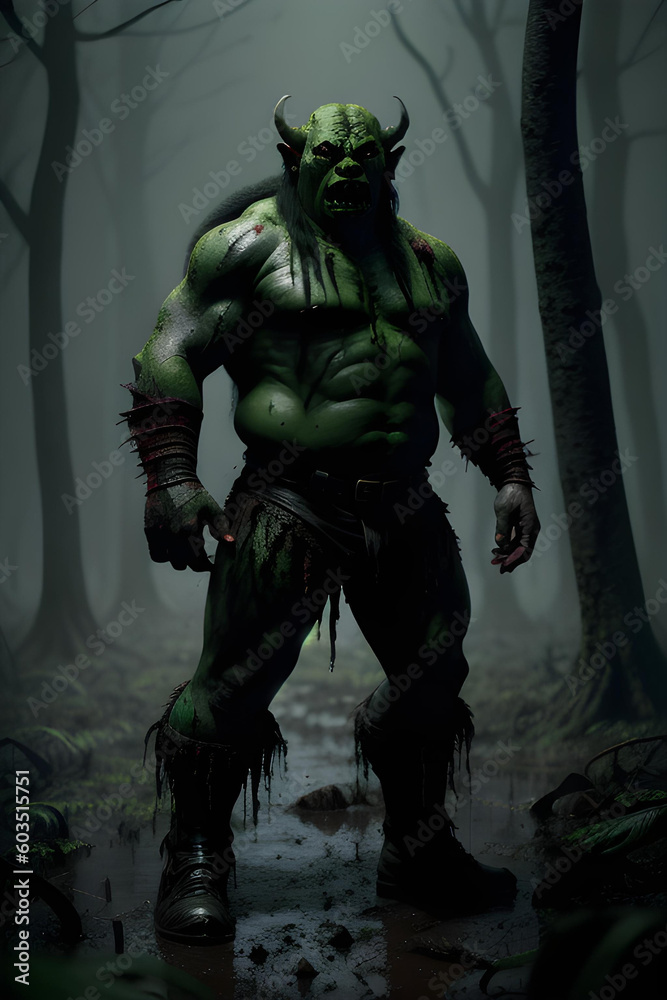 Illustration of orc in horror dark environment