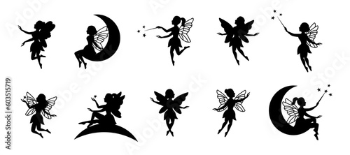 Fairy silhouettes. Funny fairies in different poses. Little creatures with wings. Mythical fairy tale characters in cute dresses. Beautiful fairies © Lifeking