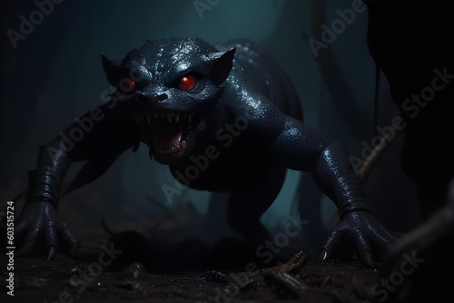Cute mystical creature with glowing eyes in swamp