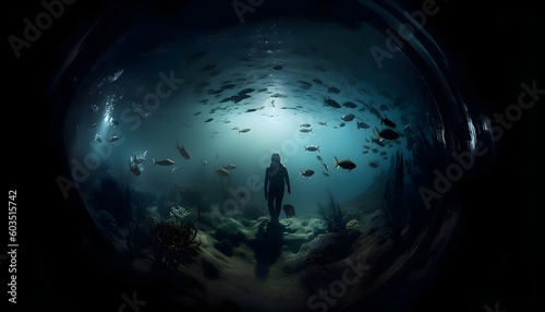 Submerged in Dreamlike Depths  Low-Lit Exploration of an Enchanting Underwater World with Fisheye Lens  Featuring a Surreal and Intriguing Figure Generative AI