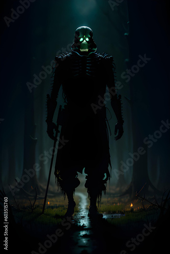 Illustration of horror skeleton in dark environment