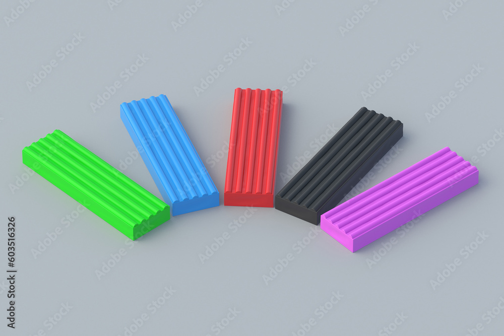 Group of plasticine bricks on gray background. Modeling clay. Toy for kids. Preschool education. 3d render Group of plasticine bricks on gray background. Modeling clay. Toy for kids. Preschool education. 3d render