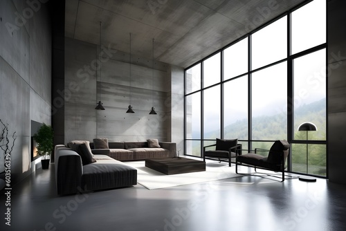 chambre avec grande fenêtre mur gris canapé rouge, generative ai
