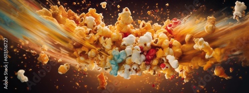 A dynamic image of popcorn being tossed into the air, with kernels forming a popcorn explosion, accompanied by vibrant colors and motion trails. Concept web banner. Generative AI