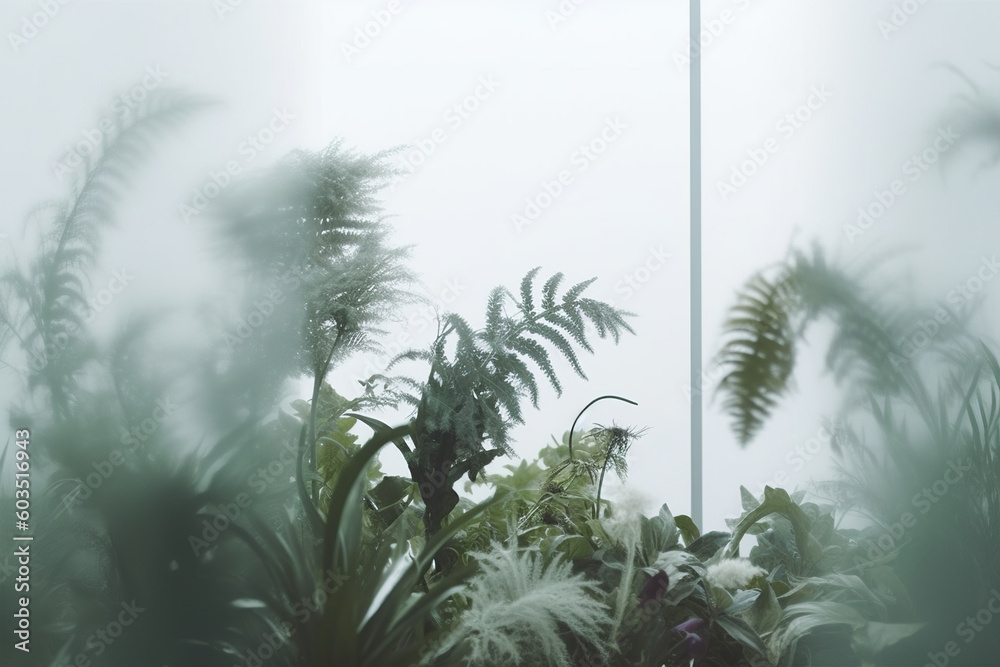 Tropical plants behind frosted glass. AI generated image. Stock