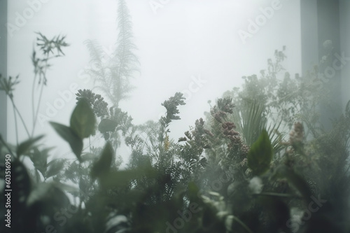 Tropical plants behind frosted glass. AI generated image.	