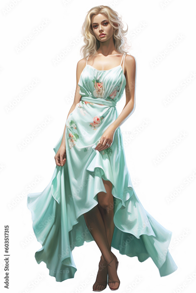 Illustration of a beautiful young woman modeling a green long dress watercolor, created using generative ai tools Illustration of a beautiful young woman modeling a green long dress watercolor, created using generative ai tools